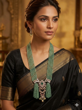Long Green Strawberry Quartz Multi-Strand Bead Haaram Necklace with Intricate Peacock Motif Polki Pendant & Pearl Drops