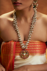 Handcrafted 22K Gold Guttapusalu Necklace with Syndicate Diamonds, Rubies, and Emeralds