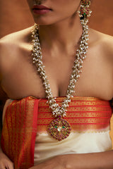 Handcrafted 22K Gold Guttapusalu Necklace with Syndicate Diamonds, Rubies, and Emeralds