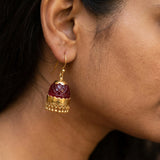 Handcrafted Deep Crimson Glass  Pure Silver Jhumkis