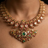Royal 22K Gold Manga Malai Necklace with Uncut Diamonds, Rubies & Emeralds