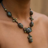 Antique Silver Labradorite and Peridot Cross-Accent Statement Necklace