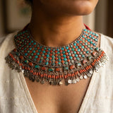 Antique Sterling Silver Tribal Turquoise  Coral Hasli Bib Necklace