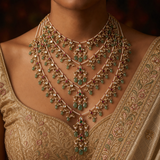 Exquisite 22K Gold Multi-Layered Guttapusalu Satlada Necklace with Uncut Diamonds, Rubies & Emeralds