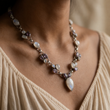 Contemporary Silver Moonstone and Amethyst Cluster Garland Necklace