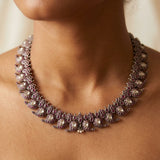 Handcrafted Antique Silver-Finished Manga Malai Necklace with Ruby Pink & Polki Stones