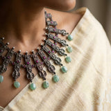 Antique Silver Gandaberunda Lattice Fringe Necklace