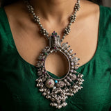 Antique Silver Ganesha Statement Hoop Haram with Multi-Charms & Pearls