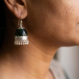 Handcrafted Deep Forest Green Glass  Pure Silver Jhumkis