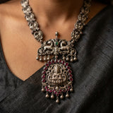 Antique Silver Lakshmi &Peacock Temple Haram Necklace
