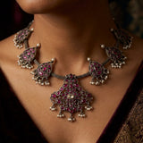 Vintage Oxidized Silver Ruby Kemp Stone Choker with Festive Pearl Droplets