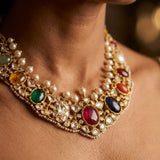 Exquisite 22k Gold Royal Navratna Necklace with Real Uncut Diamonds
