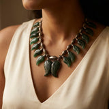 Antique Silver Carved Green Jadeite Leaf Statement Fringe Necklace
