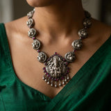 Divine Antique Silver Lakshmi Nakshi Haram with Ruby Accents