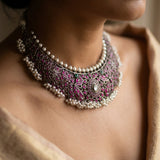 Antique Silver Royal Ruby-Pink Floral Choker Necklace