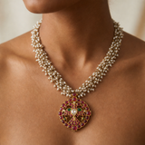 Handcrafted 22K Gold Guttapusalu Necklace with Syndicate Diamonds, Rubies, and Emeralds
