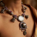Artisanal Statement Necklace with Dendritic Agate &amp; Jhumka Accents