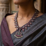 Exquisite Oxidized Silver Temple Jewelry Necklace with Ruby & Emerald Accents