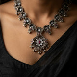 Antique Silver Floral Filigree Statement Pendant Necklace