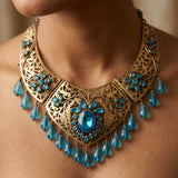 Antique Gold-Finish Filigree Royal Blue Topaz Bib Collar Necklace