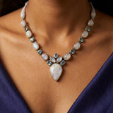 Antique Silver Moonstone and Blue Topaz Crowned Garland Necklace