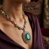 Handcrafted Multi-Gemstone Statement Necklace with Emerald Pendant
