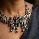 Antique Silver Twin Peacock Filigree Statement Necklace