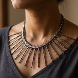 Antique Pure Silver Dramatic Spike Fringe Collar Necklace