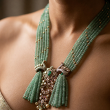 Long Green Strawberry Quartz Multi-Strand Bead Haaram Necklace with Intricate Peacock Motif Polki Pendant & Pearl Drops