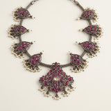 Vintage Oxidized Silver Ruby Kemp Stone Choker with Festive Pearl Droplets