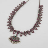 Exquisite Oxidized Silver Temple Jewelry Necklace with Ruby & Emerald Accents