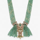 Long Green Strawberry Quartz Multi-Strand Bead Haaram Necklace with Intricate Peacock Motif Polki Pendant & Pearl Drops