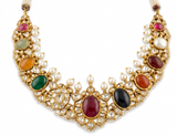 Exquisite 22k Gold Royal Navratna Necklace with Real Uncut Diamonds