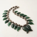 Antique Silver Carved Green Jadeite Leaf Statement Fringe Necklace