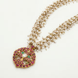 Handcrafted 22K Gold Guttapusalu Necklace with Syndicate Diamonds, Rubies, and Emeralds