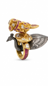 Handcrafted 22k Gold Parrot Statement Ring – Real Uncut Polki Diamonds & Rubies