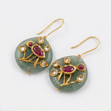Indian Jade, Ruby & Diamond Kundan Drop Earrings - Handcrafted Real Gold