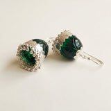 Handcrafted Deep Forest Green Glass  Pure Silver Jhumkis