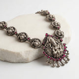 Divine Antique Silver Lakshmi Nakshi Haram with Ruby Accents