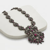 Antique Silver Ornate Peacock  Ruby-Pink Statement Haram