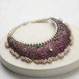 Antique Silver Royal Ruby-Pink Floral Choker Necklace