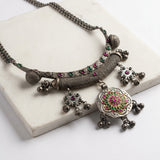 Antique Silver Floral Mandala Hasli Statement Necklace