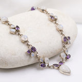 Contemporary Silver Moonstone and Amethyst Cluster Garland Necklace