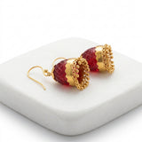 Handcrafted Deep Crimson Glass  Pure Silver Jhumkis