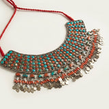 Antique Sterling Silver Tribal Turquoise  Coral Hasli Bib Necklace