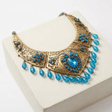 Antique Gold-Finish Filigree Royal Blue Topaz Bib Collar Necklace